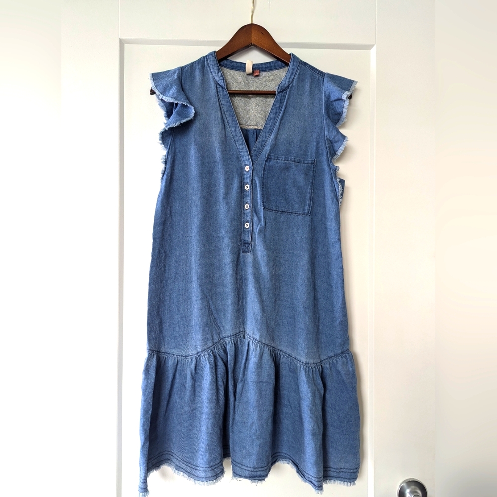 Pilcro Anthropologie Denim Tencil Ruffle Hem Sleeve Mini Sun Dress Sz S